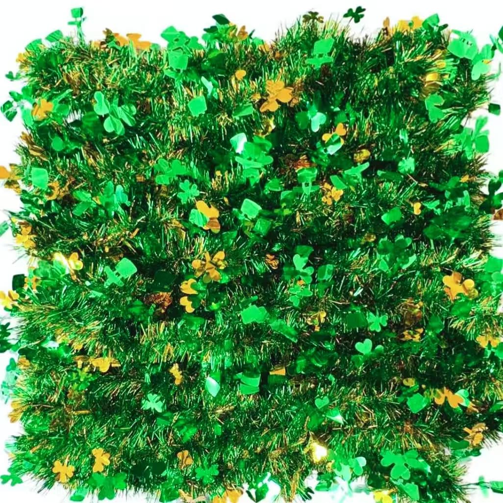 JXITON 33 FT St Patricks Day Tinsel Garland Decor Gold Green Shamrock Hat Tinsel Garland Metallic Twist Hanging Garland for Home Indoor Outdoor Irish