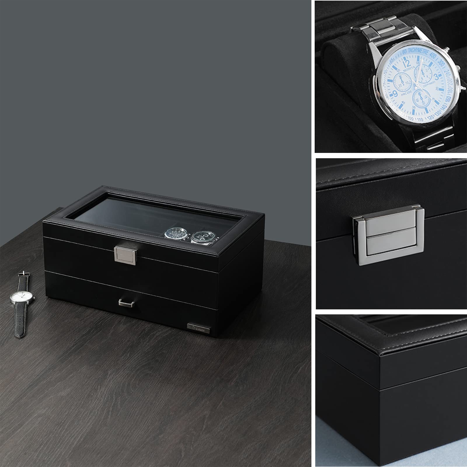 VIMBER Watch Box Jewelry Box Organizer for Men with Removalbe Tray, 2 Layer PU Leather Watch Storage Case, Real Glass Lid Jewelry Display Holder for Watches Sunglasses Rings cufflink