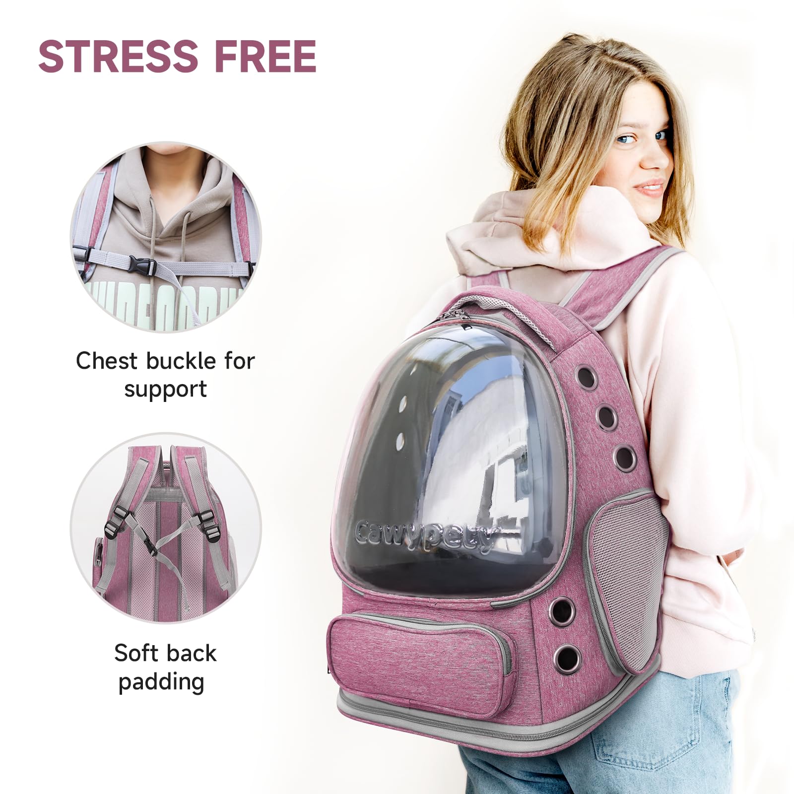 Cawypety Mochila transportadora para gatos, transpirable, con burbujas de espacio grande, para gatitos, perros pequeños de hasta 15 libras, transparente y plegable para viajes, senderismo (rosa)