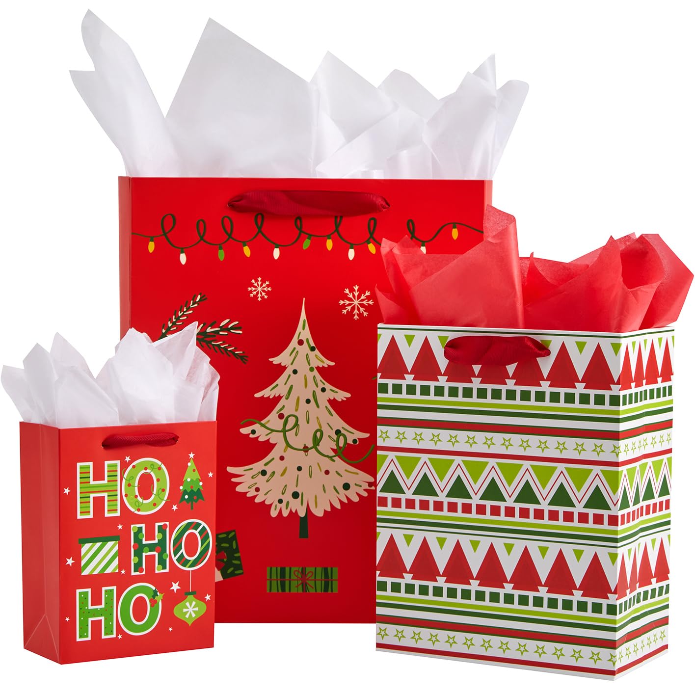 SUNCOLOR Christmas Gift Bags Assorted Sizes with Tissue Paper, 9 Pack, Red Holiday Theme Bags, Large 13x10.2, Medium 9x7, Small 6.3x4.7 inches
