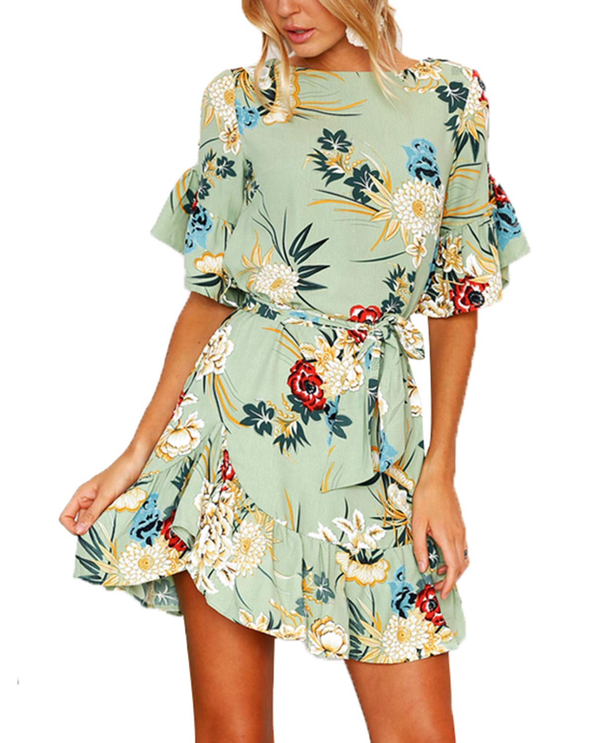 YOINS Sommerkleid Damen Kleider Rundhals Blumenmuster Kleid Elegant Kurz Hohe Taillen Minikleid Partykleid Strandmode