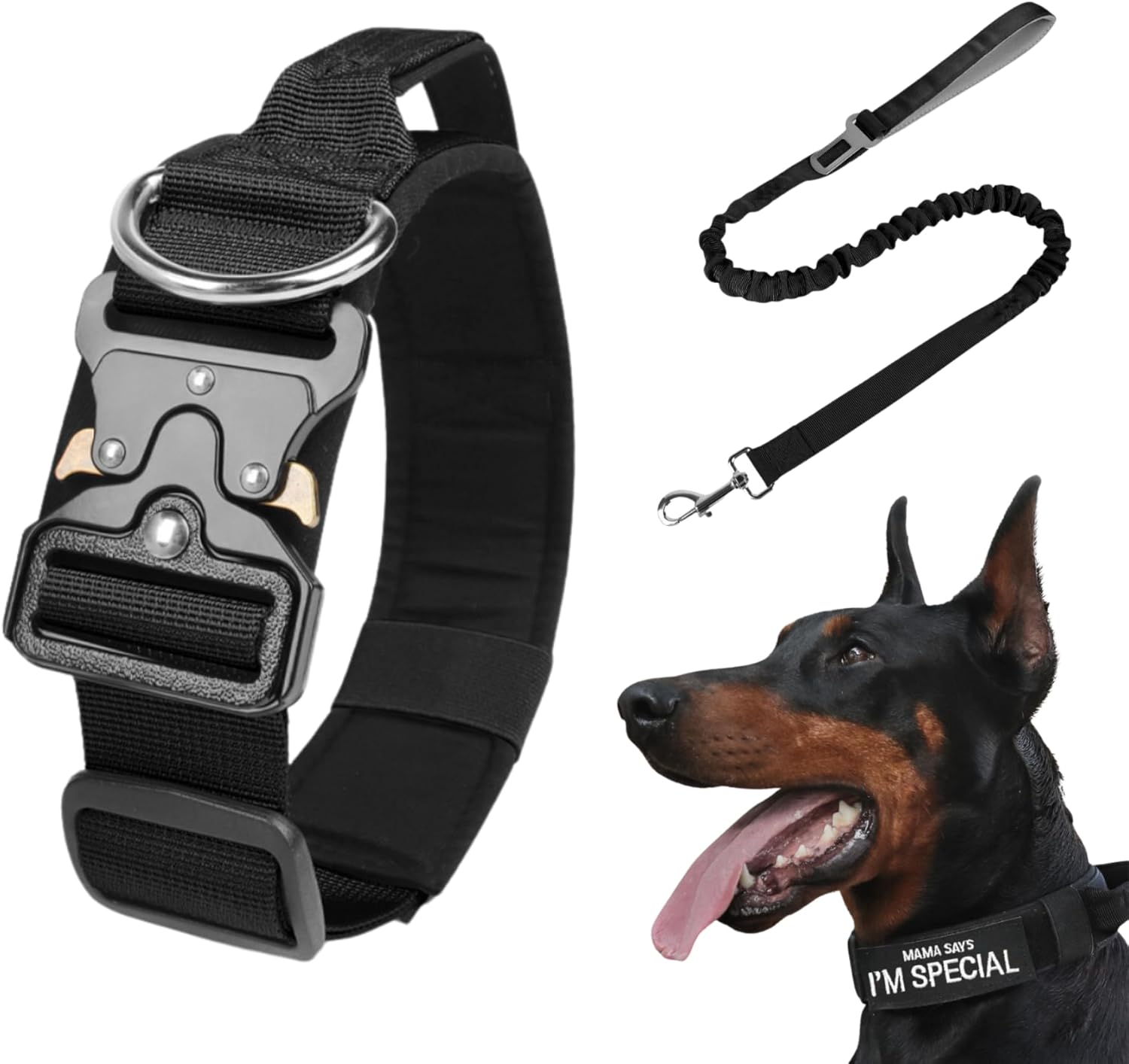 Tactical Dog Collar and Leash Set - Military Pet Collar with Handle and Heavy Metal Buckle Adjustable Dog Nylon Bungee Leash Dog Training Collar & Leash with Patches for Medium Large Dog (Black, XL)