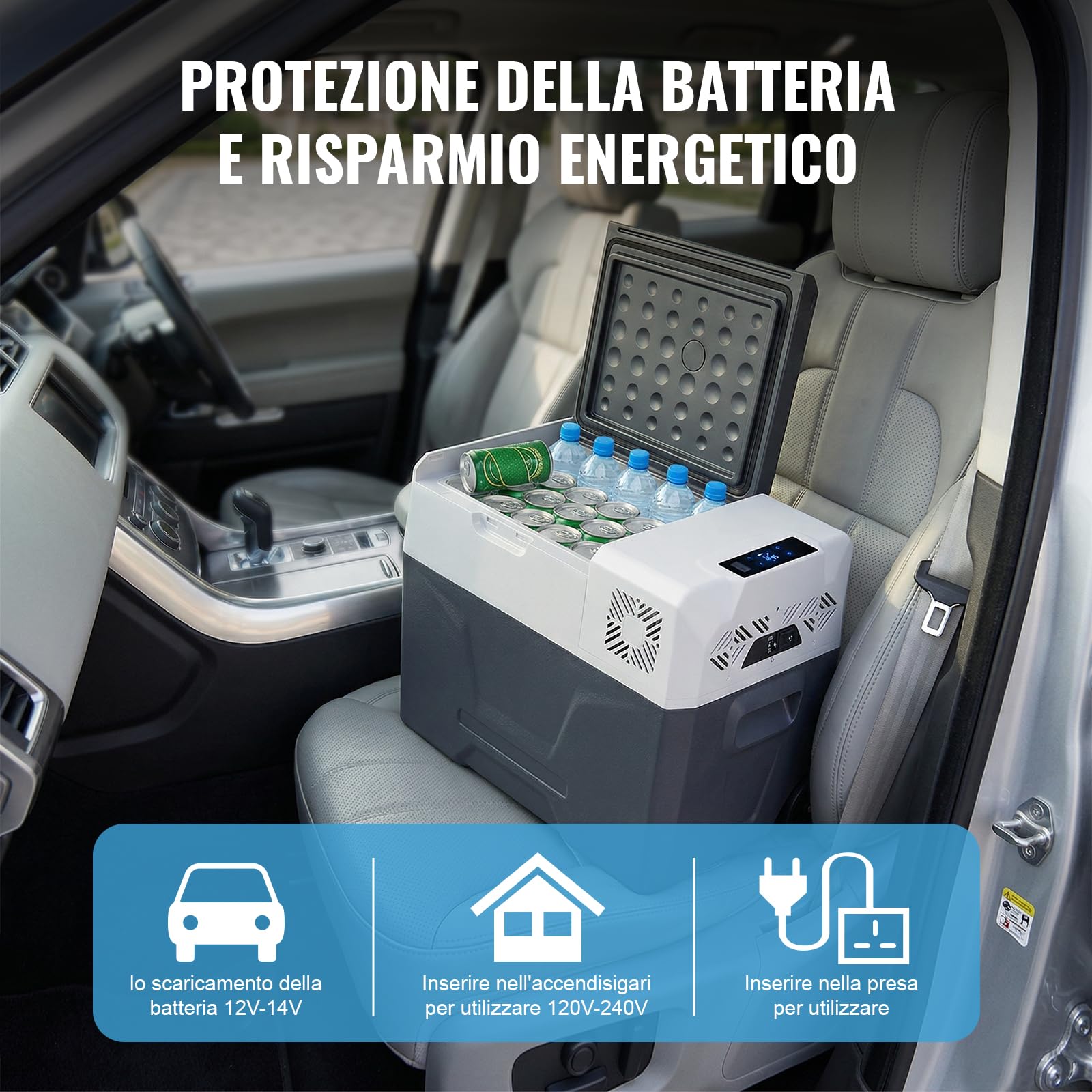Frigorifero auto da 40 l, frigo a compressore, frigorifero da viaggio, mini frigo, frigorifero per auto e con collegamento di alimentazione, in acciaio inox [classe di efficienza energetica F]