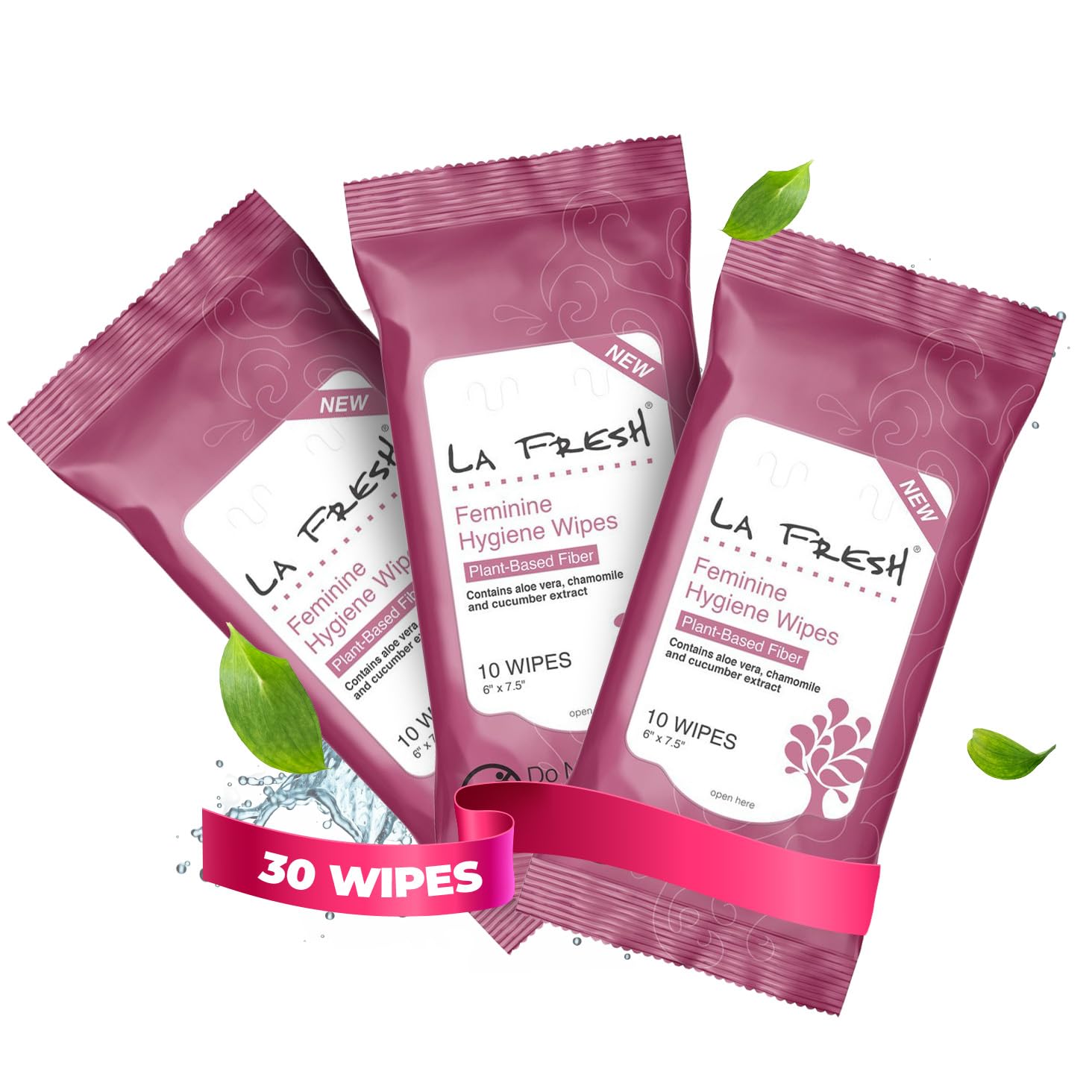 LA Fresh Feminine Hygiene Wipes with Aloe Vera Chamomile, Cucumber and Vitamin E for Refreshing - Travel Size Wipes for Women Gift Set - 3 Pack, 30 Count
