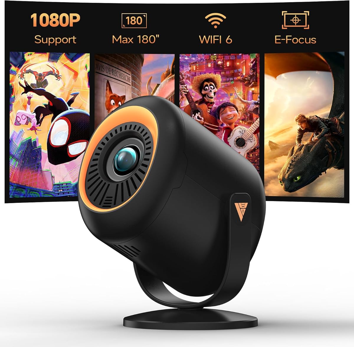 Mini Projector with WiFi and Bluetooth, Portable Projector Native 1080P Support 4k with 180° Adjustable Stand, Max 180" Display Proyector Built-in Speakers