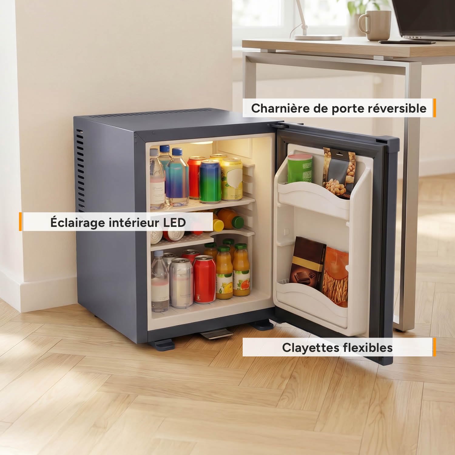 TZS First Austria - Mini réfrigérateur 30L complètement silencieux - Petit mini-frigo avec porte réversible et lumière intérieure - Minibar pour camping, bureau, chambre & hôtel - Anthracite