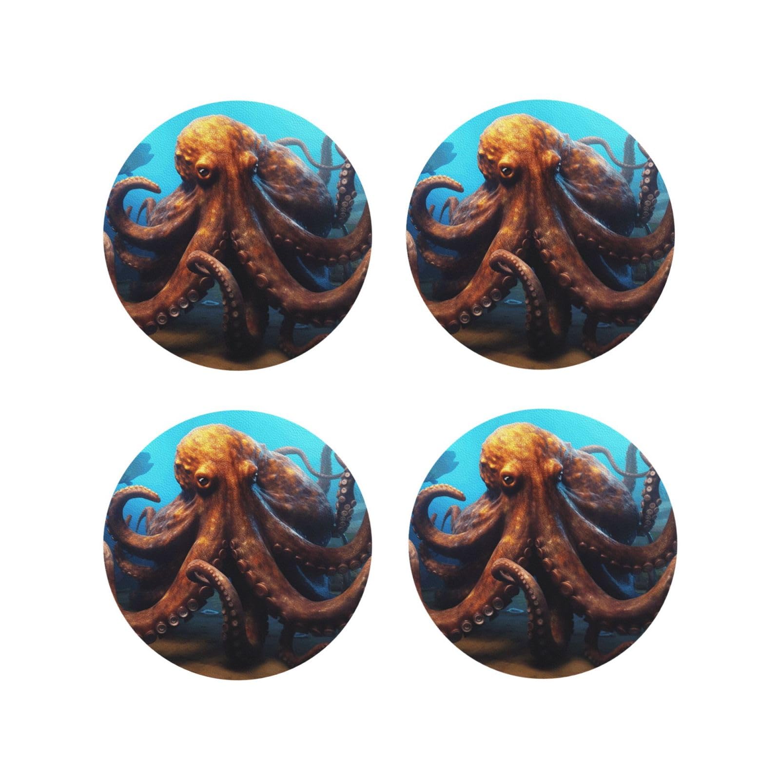 4Pcs PU Leather Coaster for Drinks, Huge Octopus Cup Coastersr 4" Cup Mat Pad, Aesthetic Drink Coasters for Coffee Table, Round Shape Coaster for Tabletop Protection