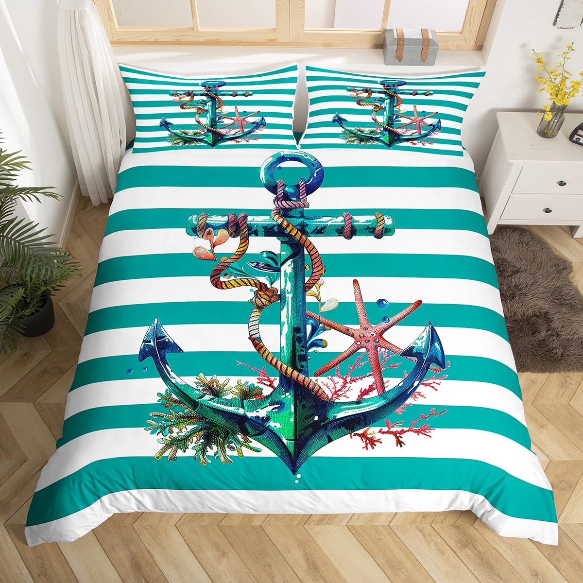 Homewish Nautical Anchor Quilt Cover,Oil Art Marine Duvet Cover Double for Kids Boys Girls,Teal White Stripes Bedding Set,Beach Bed Set with 2 Pillowcases Bedroom Decor