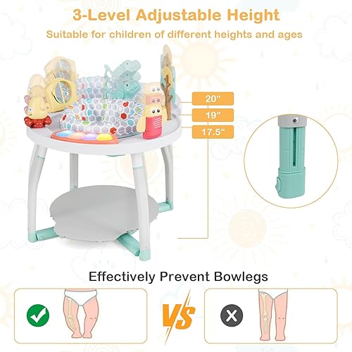 Miniatura 5 de HONEY JOY Centro de actividades para bebés, puente infantil 5 en 1 y mesa de juego de pie con asiento giratorio de 360, 6 juguetes, 3 alturas