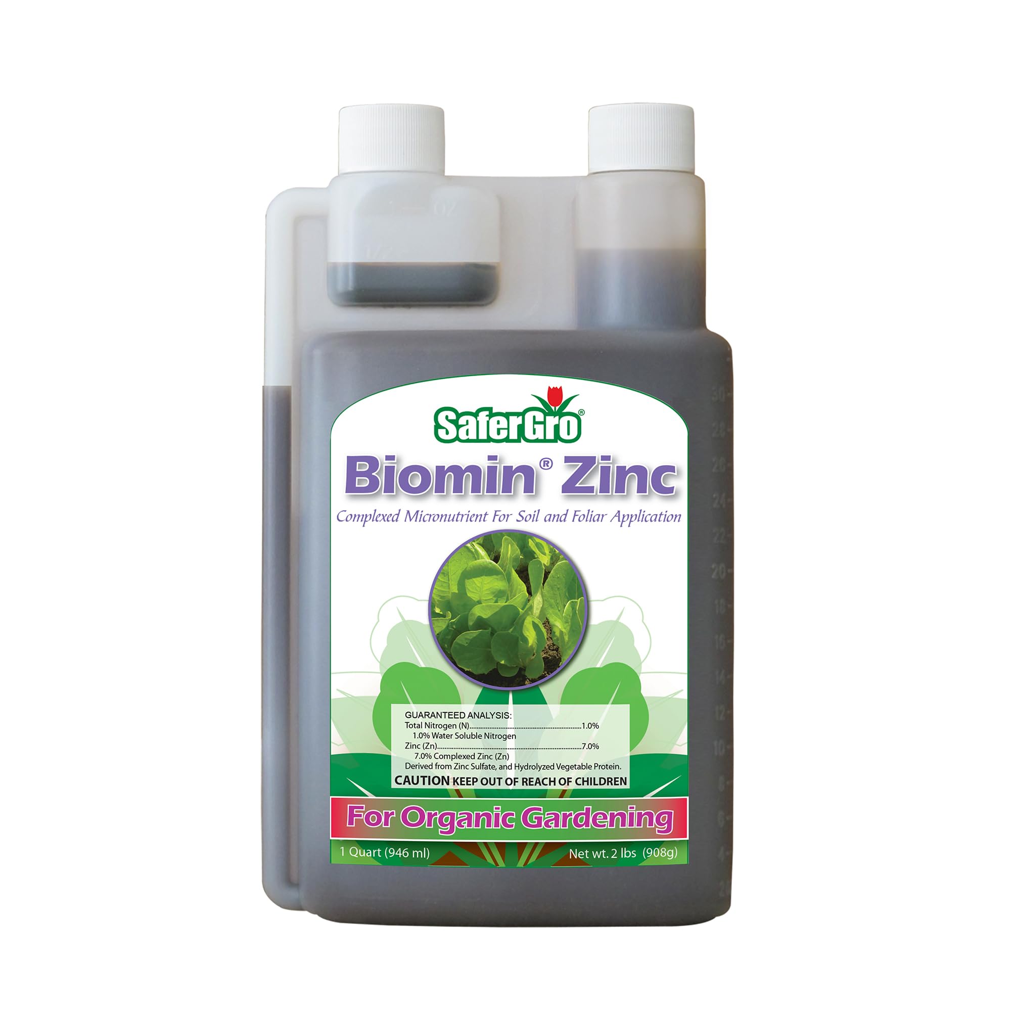 SaferGro Biomin Zinc, Organic Liquid Fertilizer, Complexed Zinc for Zinc Deficiency or Supplement, Soil and Foliar Application, 1 Quart