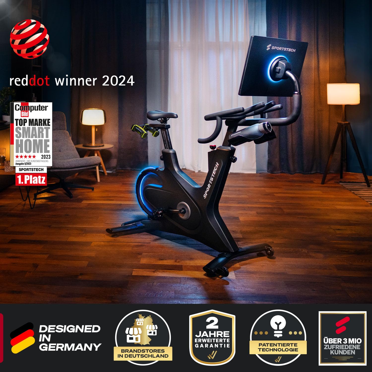 Sportstech Heimtrainer + 21.5" Touch Display - Deutsche Qualitätsmarke - APP mit Live Workouts & Kursen Fitnessbike mit patentierter LED Technologie, Ergometer, sBike