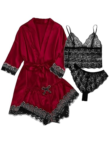 WDIRARA Women' Silk Satin Pajamas Set 4pcs Lingerie Floral Lace Cami Sleepwear with Robe - Medium - Pure Red