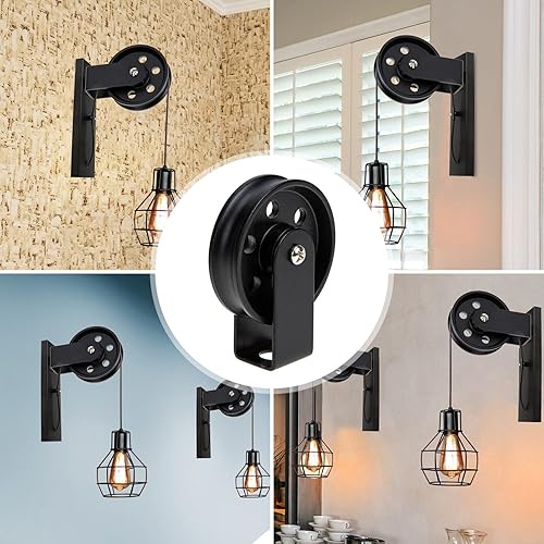 Miniatura 7 de Uonlytech 4 ruedas de polea vintage para lámparas colgantes, sistema de polea de montaje en techo retro para accesorios de luz, gancho de botín y