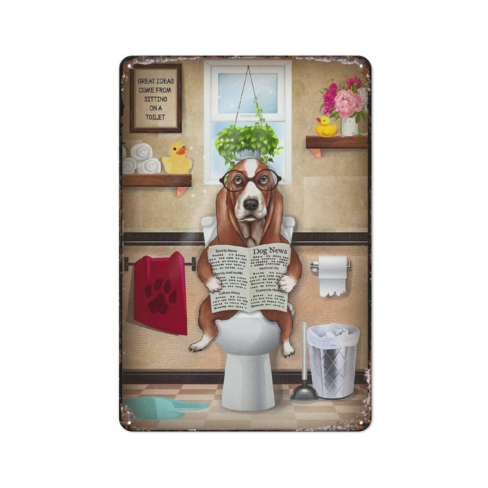 peiyeety Metal Tin Sign Dog On Toilet Funny Quote Wall Art, Vintage Style, Wall Decor For Indoor Home Kitchen Living Room Bedroom Office Cafe Bar, 6x8 Inch
