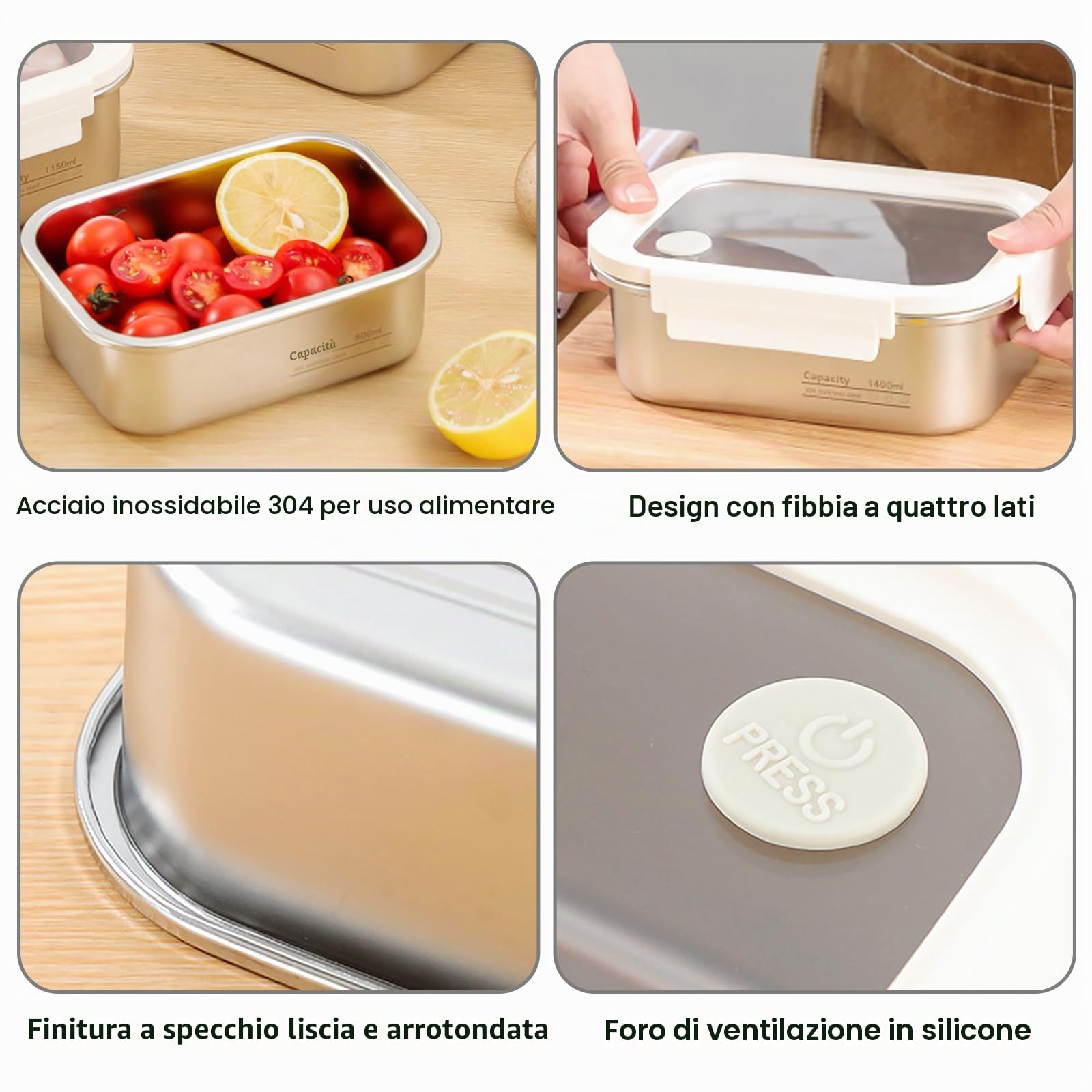 PORFOYO Set di 3 contenitori salvafreschezza con coperchio, 800 ml/1150 ml/1400 ml, in acciaio inox con coperchio trasparente, ermetici e a prova di perdite