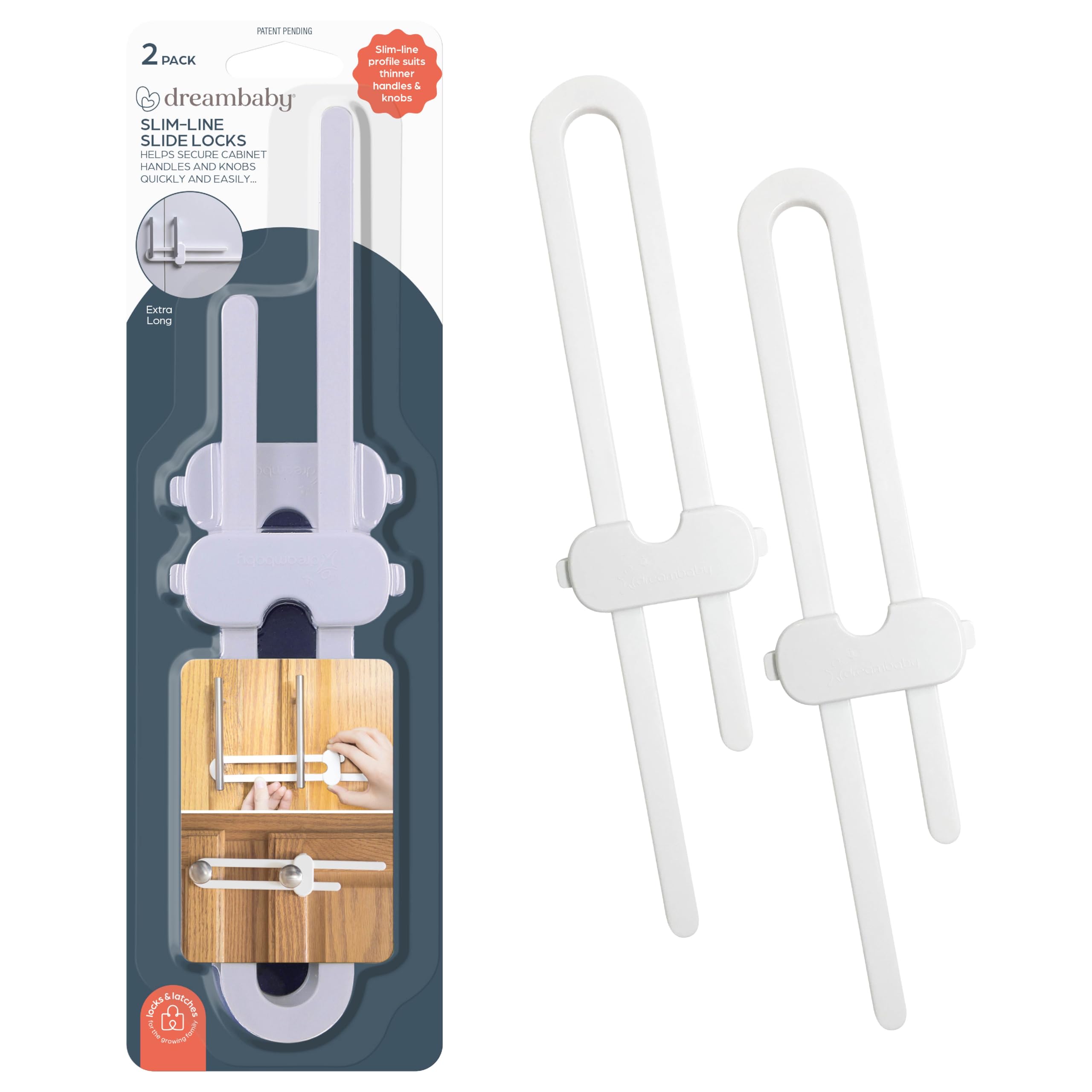 Dreambaby White Slimline Slide Lock For Baby Proofing - Child Safety Cupboard Handle Locks - Suitable For Thinner Handles & Knobs - 2 Pack