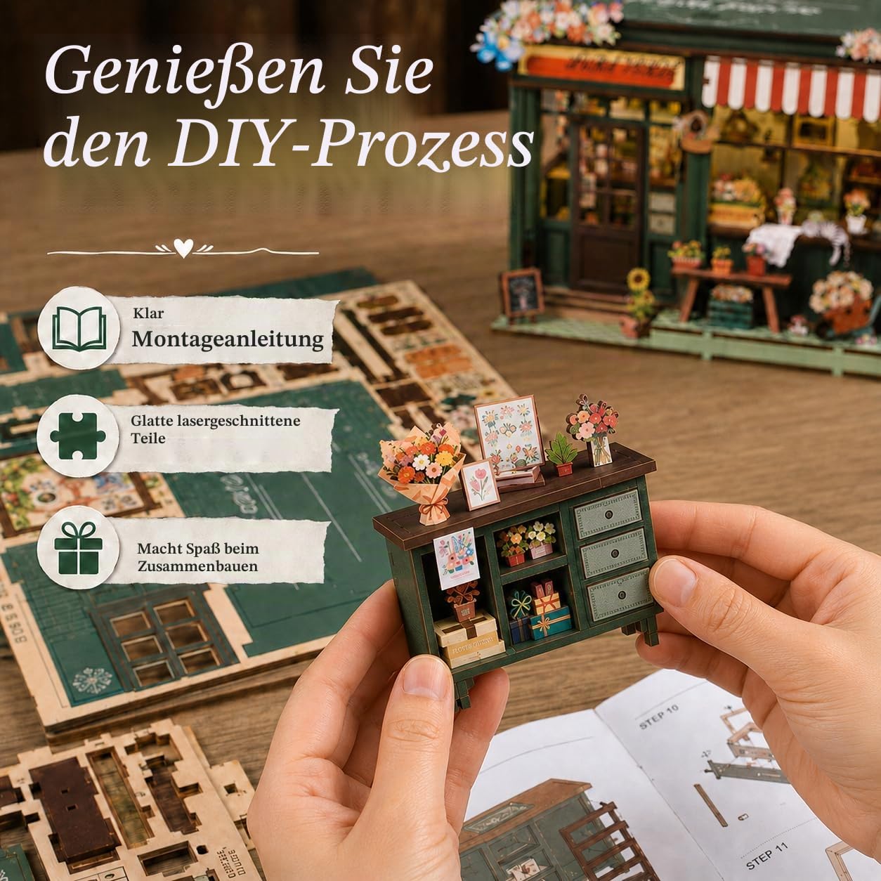 Book Nook – DIY Leseecke Miniatur Blumenladen Modellbausatz (LED-Leuchten), ein 3D Holzpuzzle zum Erstellen einer Miniatur Bücherregalszene, ist für Frauen, die Blumenläden lieben