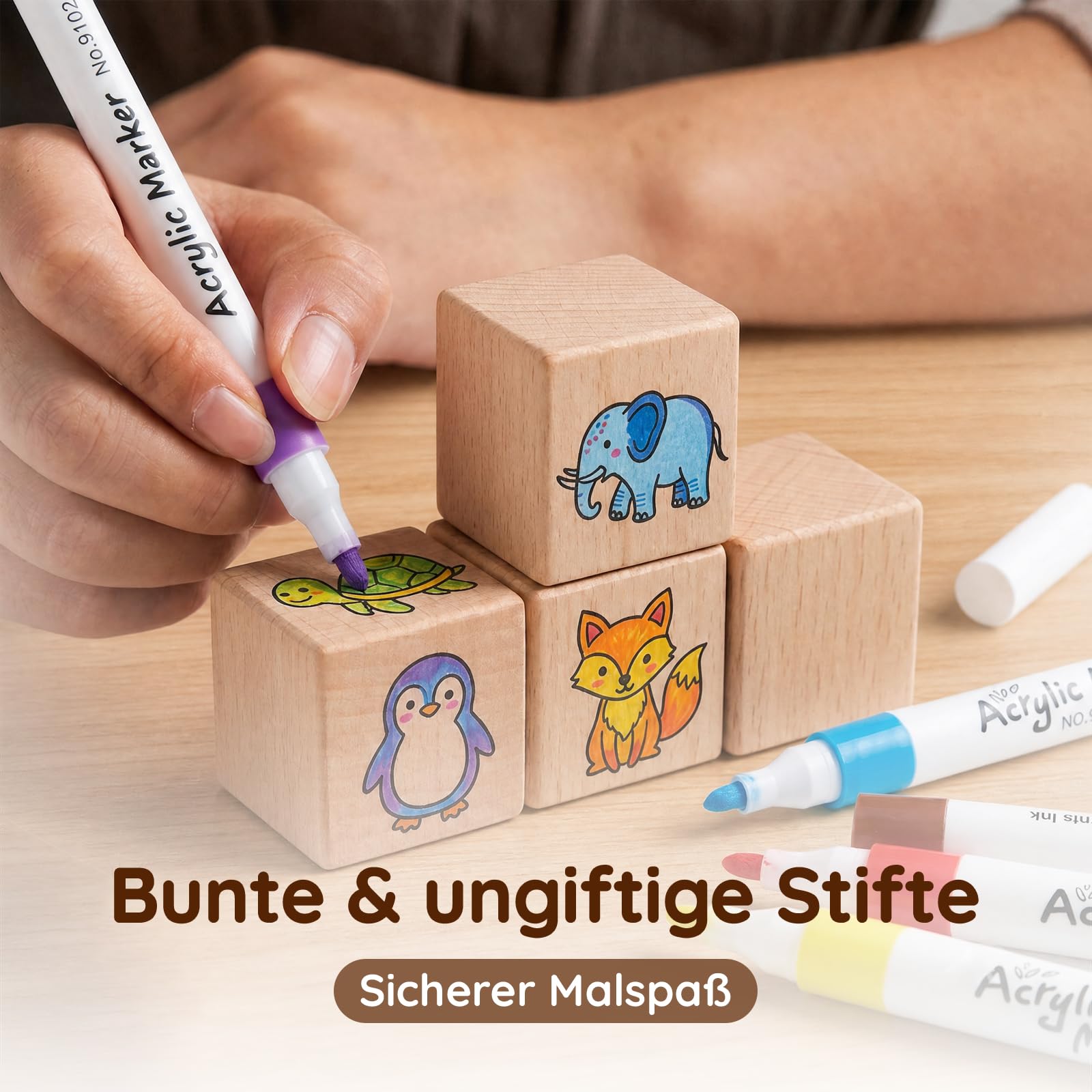 Babyparty Spiele DIY Buchen-Bausteine | 48 Holzbausteine, 24 Acrylmarker, 1 Holzbox, 105 Schablonen, 1 Poster & Halter (Naturholz | verschiedene Sonderformen)