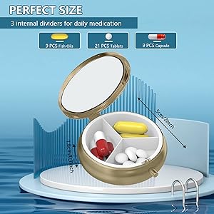 Pill Case Pill Box with Mirror Retro 3 Compartment Small Pill Case for Purse or Pocket Bronze Small Roud Pill Box or Vitamins, Fish Oil, Supplements, Pill Containe Travel GiftsWhite Marble