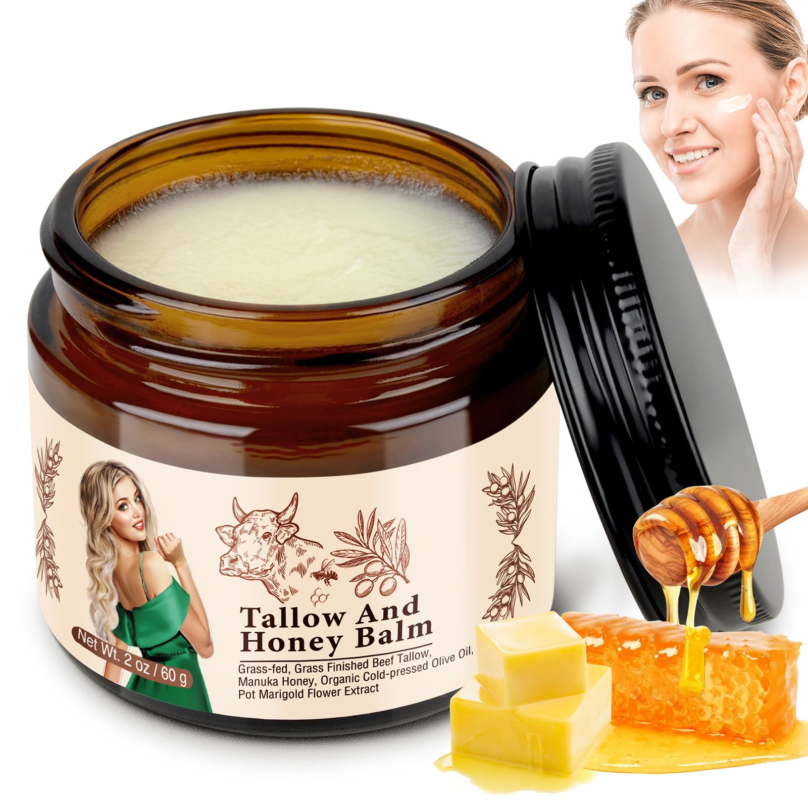 RodPere Beef Tallow Balm For Skin, Organic Beef Tallow and Honey Cream For Dry Skin, Deep Moisturizing Tallow Body Butter Lotion For Cracked Skin,