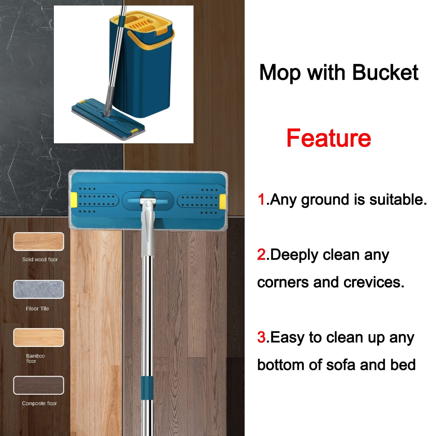 Bodenwischer Flache Flügelmopp mit Eimer 360 drehenden Handfreie Waschbodenreinigung Mop Mikrofaserkissen nass trocken Verbrauch Haupt Wischmopp (Color : C-Bucket Mop 6pcs Pads)