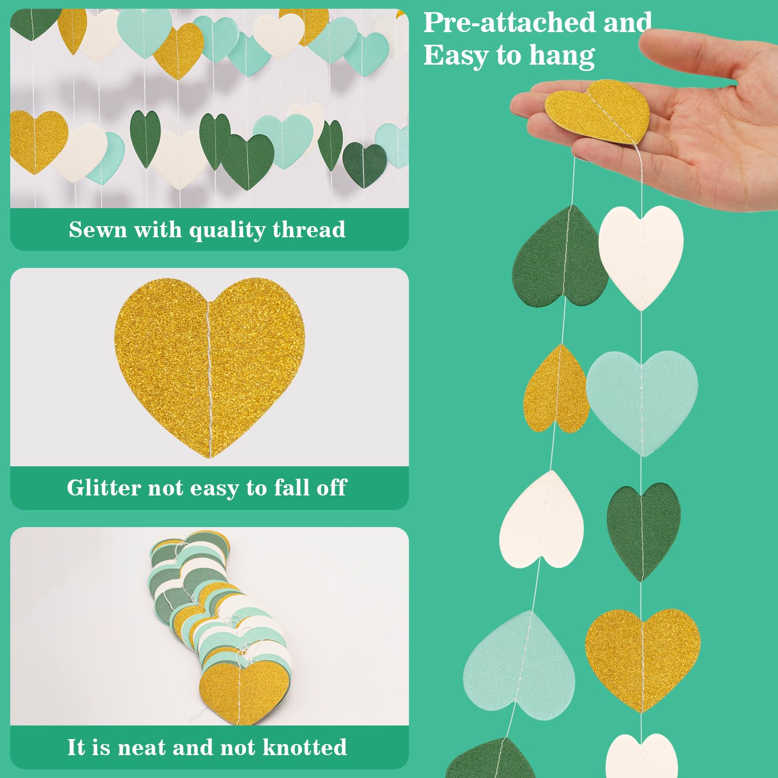G2PLUS Glitter Heart Garland, 16m Green White Gold Hearts Hanging Garlands - Image 3
