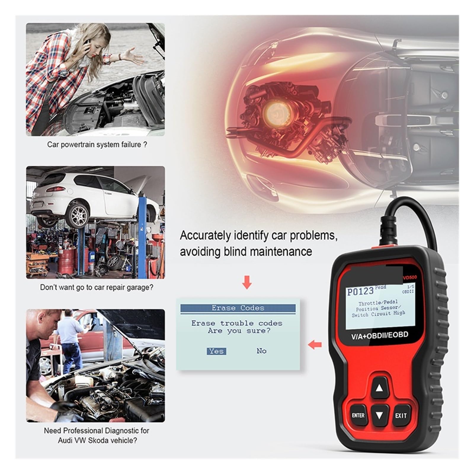 Scanner OBD2 VD500 Lecteurs de codes automobiles Outil de diagnostic Analyse complète du système Vérification du moteur Réinitialisation de l'huile