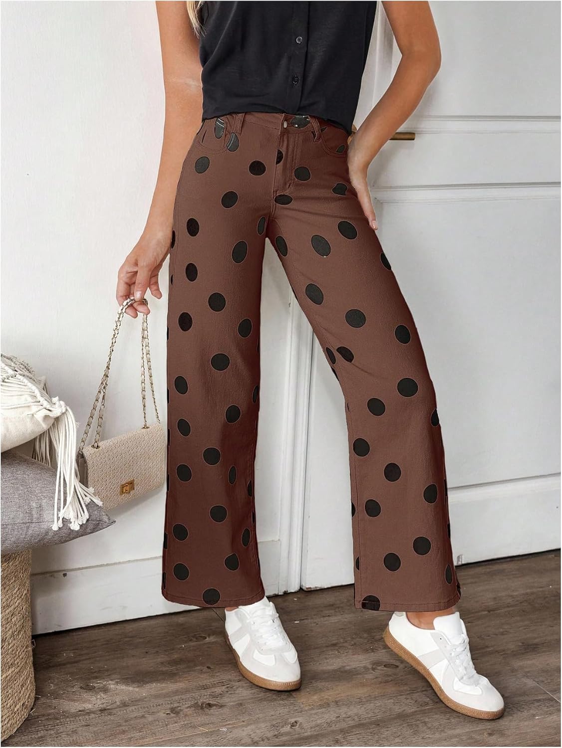 WDIRARA Women's Polka Dots Jeans Vintage Stretchy Straight Leg Denim Pants