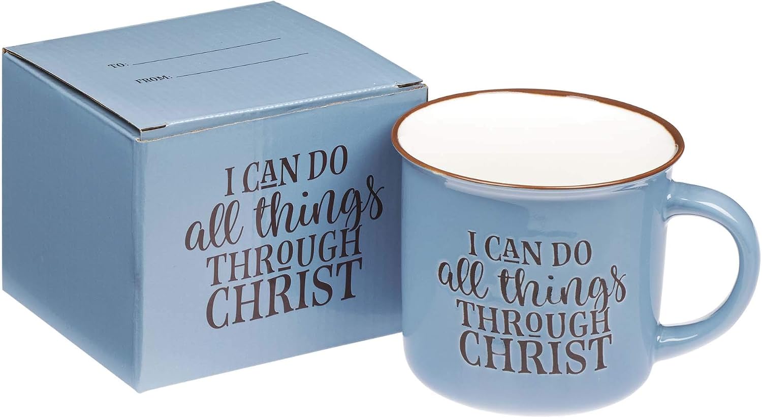I Can Do All Things Through Christ Blue Camp Style Coffee Mug, Philippians 4:13 Ceramic, 13oz