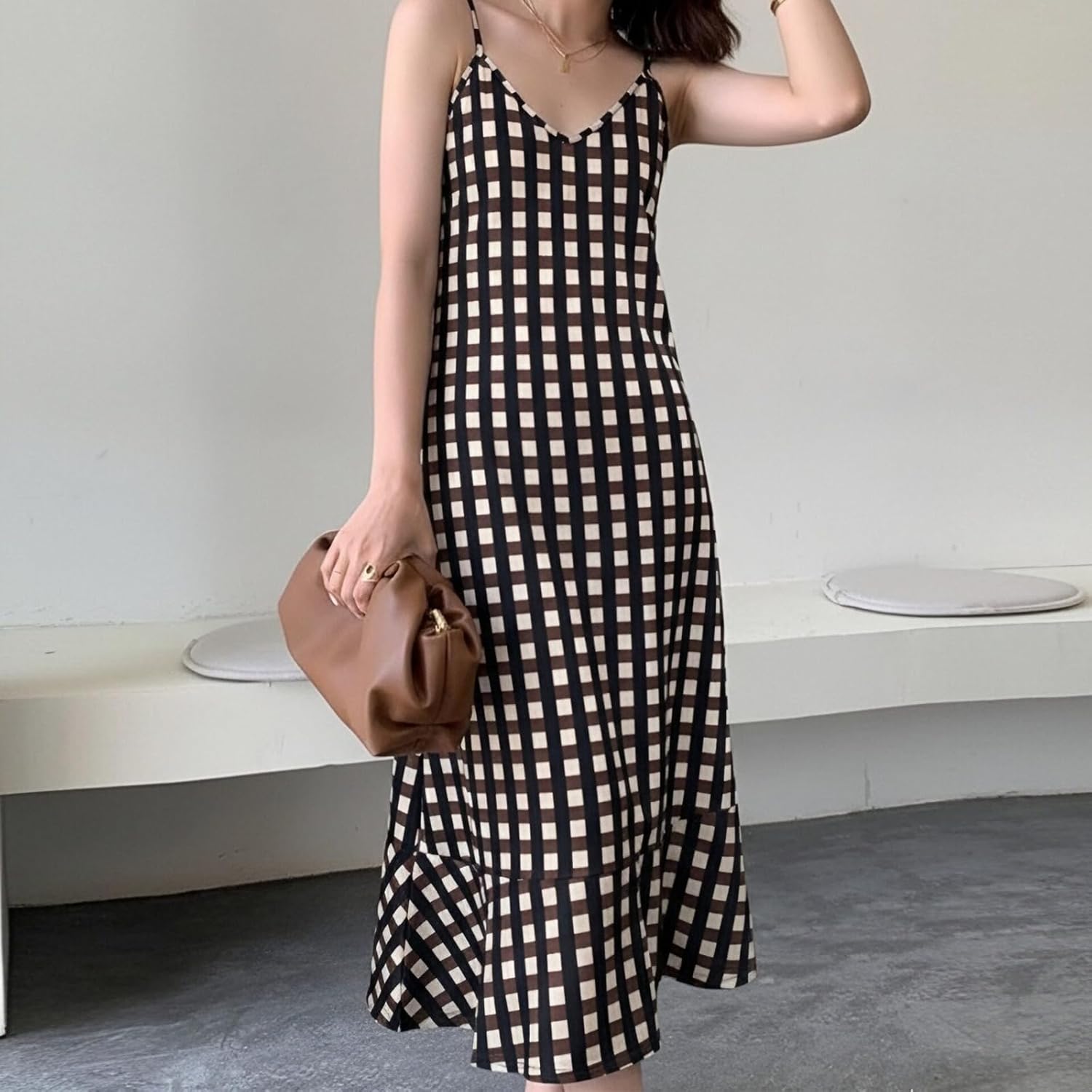 Women's Summer Plaid Print V-Neck Dress,Strapless Commuter-Style Dress