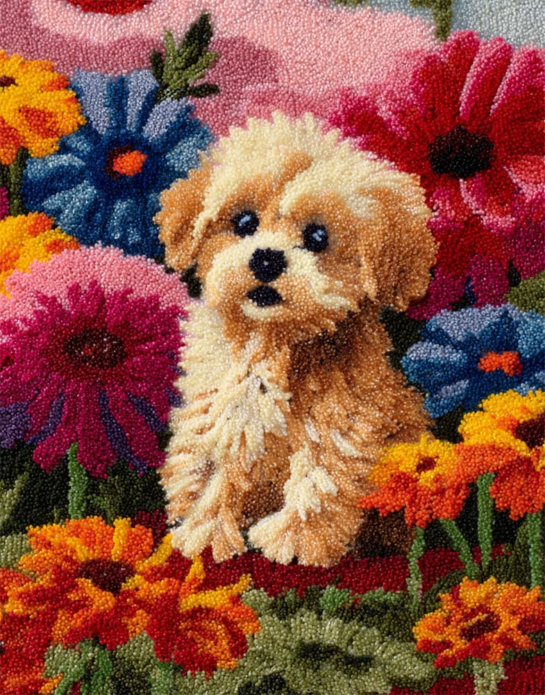Taxpy Latch Hook Rug Kits For Adults Dog In Flowers 15X20in/52X38cm Latch Hook Rug For Diy With Cushion Latch Sets For Beginners And Adults