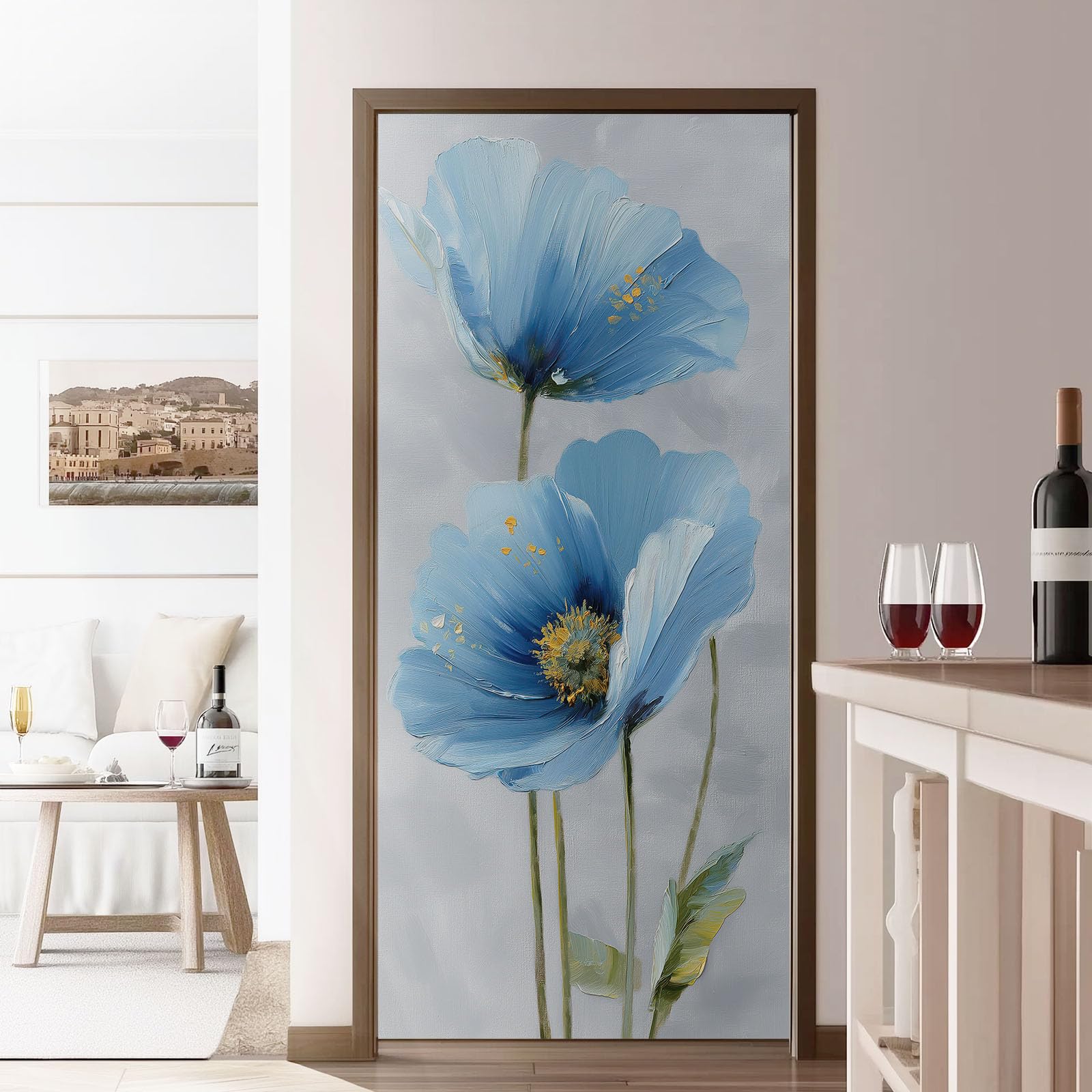 Naklejki na drzwi 3D obraz olejny, samoprzylepny plakat ścienny z PCV minimalistyczny kwiatowy marzyciel, szare naklejki na drzwi tapeta dekoracyjny plakat do wnętrz do sypialni kuchni, 95 x 215 cm