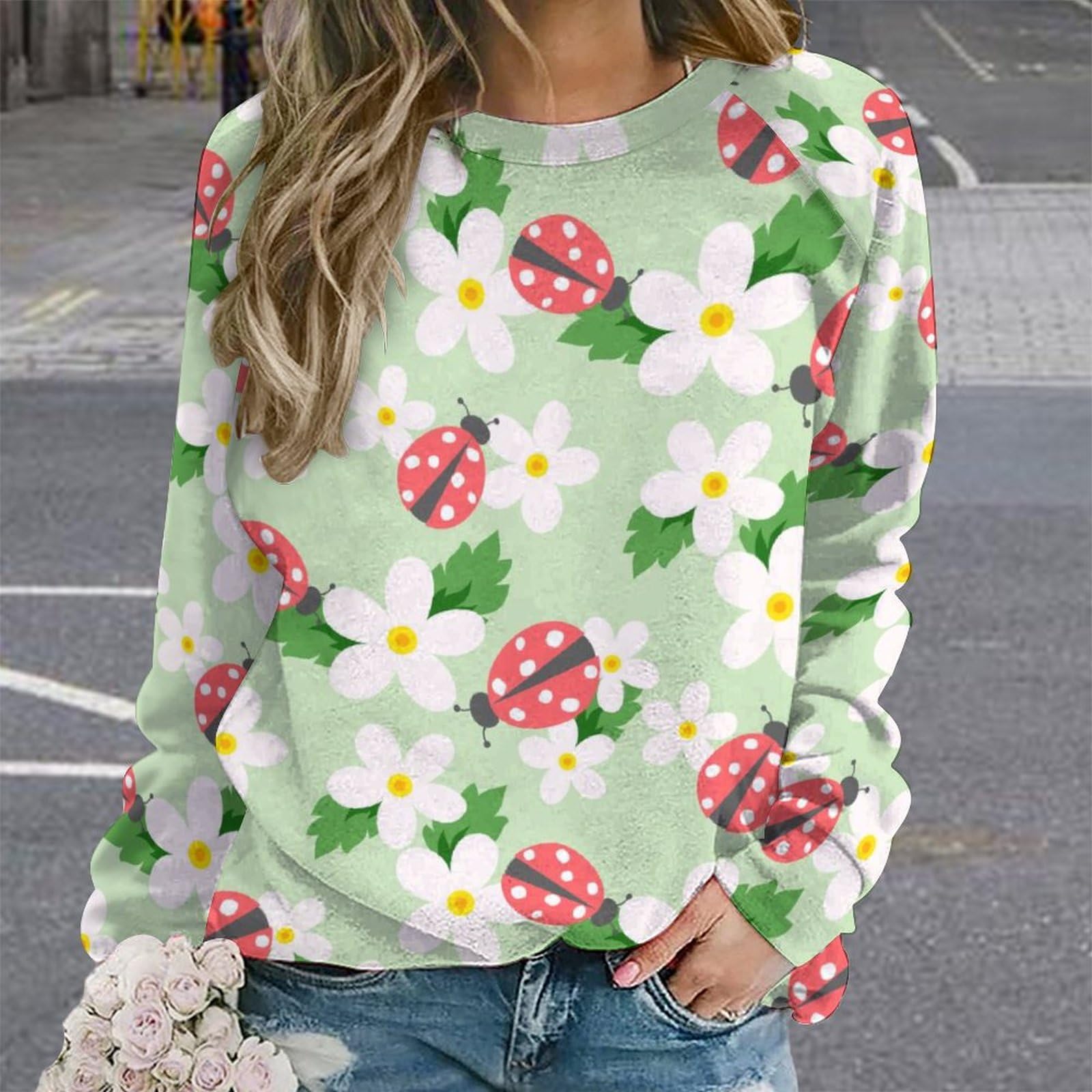 Cute Ladybug Floral Women's Sweatshirt Long Sleeve Round Neck Pullover Hoodies Tops Casual Sweaters M