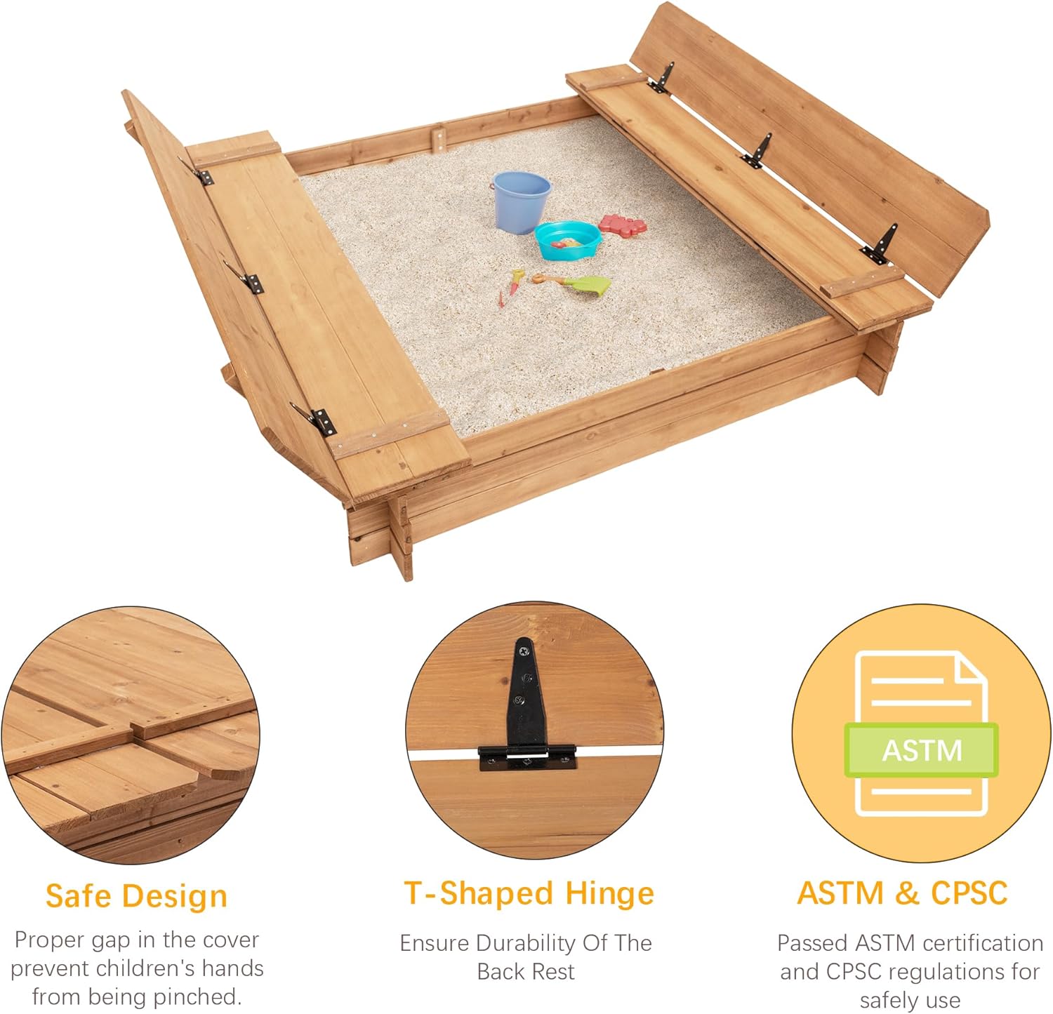 BIRASIL Wood Sandbox with 2 Bench Seats, Sand Boxes with Lid for Kids, Sand Pit with Cover for Outdoor Backyard Patio, 48 Inch