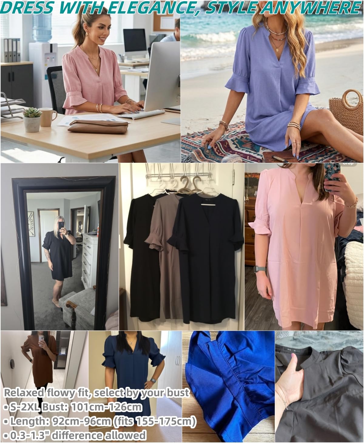 Famulily Vestido camisero de media manga con cuello en V para mujer, elegante, casual, color liso, S-XXL