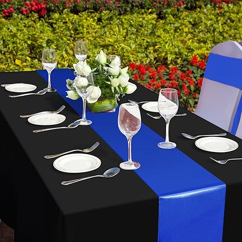 Miniatura 4 de Juego de 12 manteles de satén de 12 x 108 pulgadas y manteles de plástico de 54 x 108 pulgadas, manteles rectangulares desechables en negro y azul