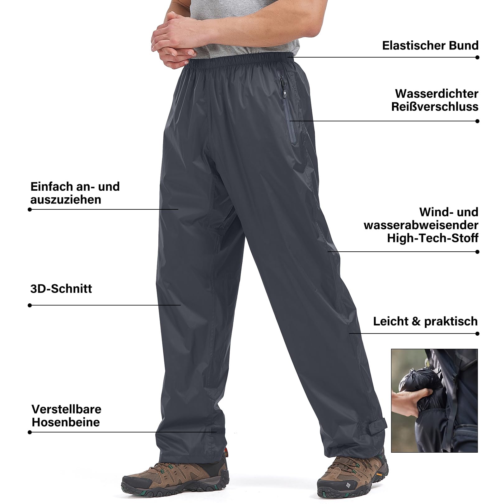 Regenhose Herren Fahrrad Leichte wasserdichte Winddichte Outdoorhose zum Wandern Camping Trekkinghose Motorrad Regenhose(1088 Grau XL)