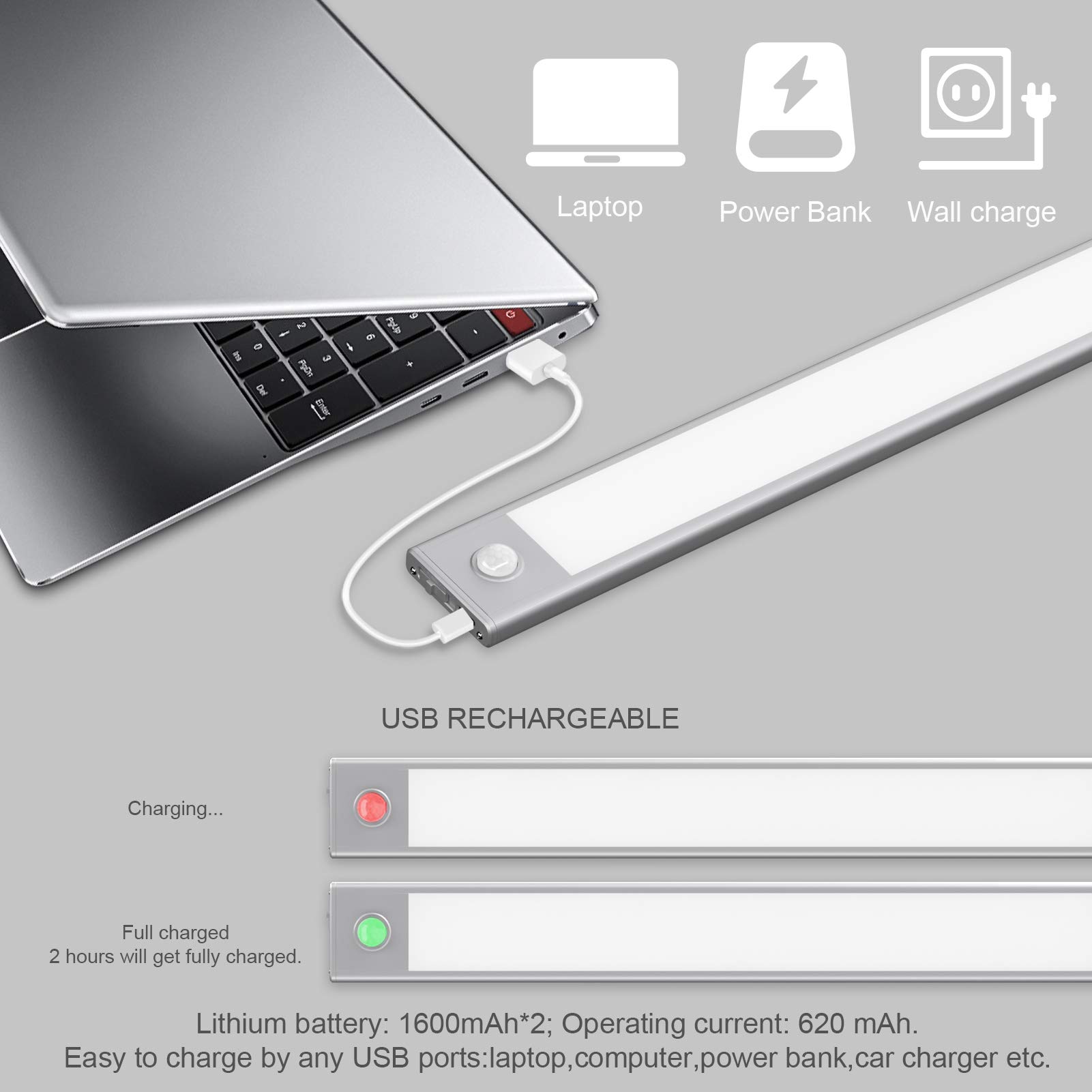 Klighten 2 Stück 60cm Schrankbeleuchtung mit Bewegungsmelder, Unterbauleuchte Küche LED 230LM, 3200 mAh Batterie, Auto/ON/OFF, USB Aufladbar, Magnet Schranklicht, 6000K Kaltweiß, Silber