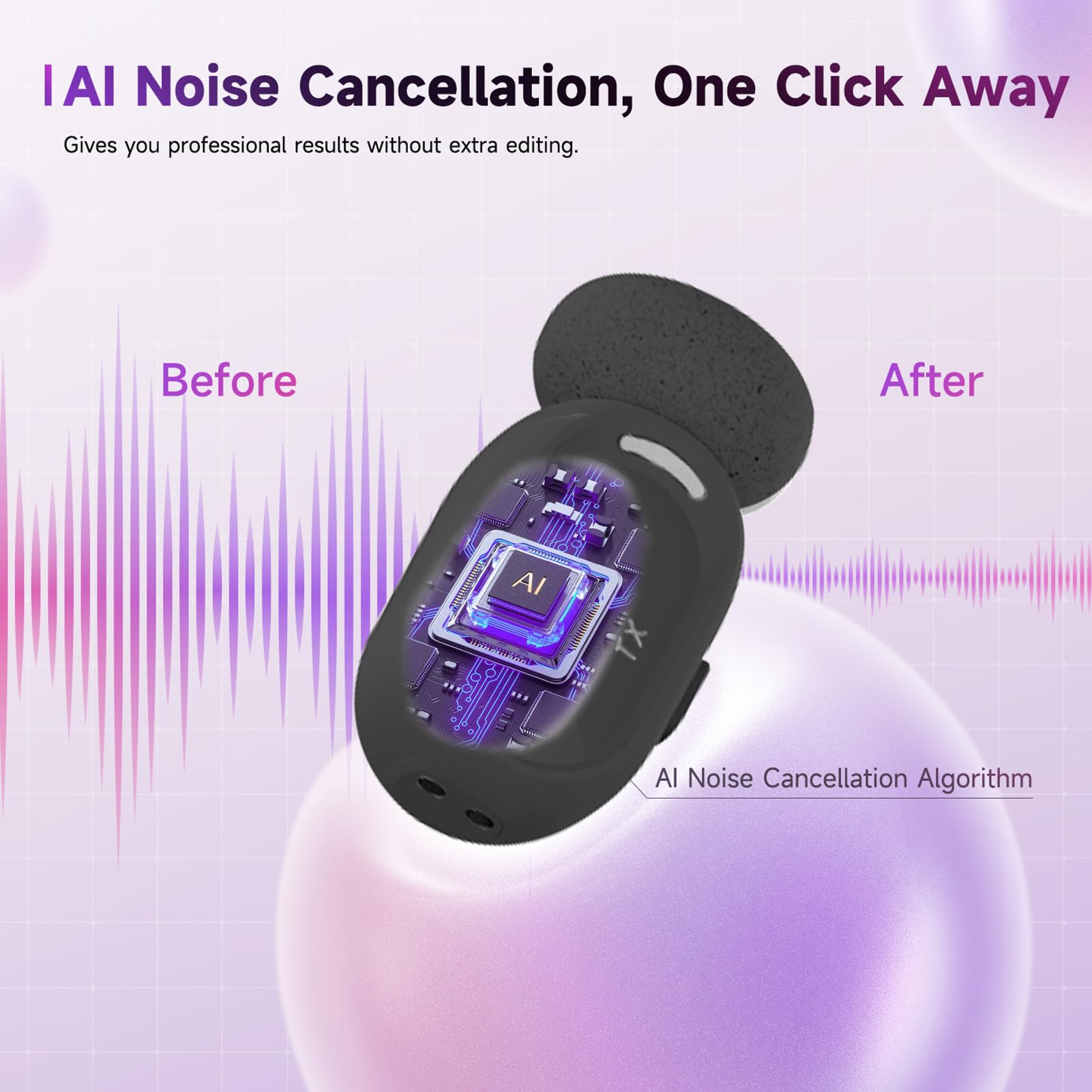 Andoer Micrófono Solapa para Grabación Vídeo, Micrófono Lavalier Inalámbrico con Reducción Ruido AI, Alta Fidelidad 48 KHz/24 bits, Transmisión en Vivo, Entrevistas