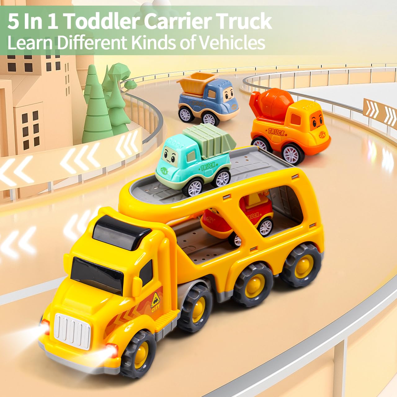 Jouets Camion 5-en-1 pour Enfants de 1 2 3 4 Ans, Transporteur à Friction avec 4 véhicules de Construction, Jeu de véhicules pour Garçons et Filles avec Lumières et Sons | 5-en-1 véhicules de Construction avec Lumières et Sons, Jouet de 1 2 3 4 Ans pour G