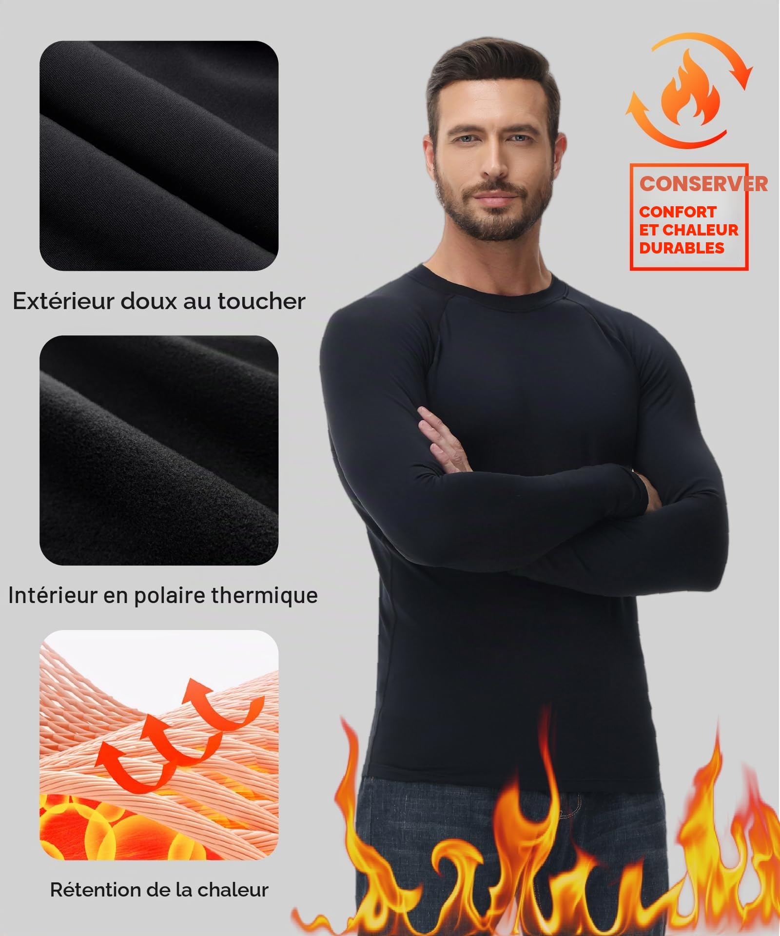 HUGE SPORTS Hauts Thermiques Homme sous Vetement Thermique Homme Manche Longue Doublure en Polaire