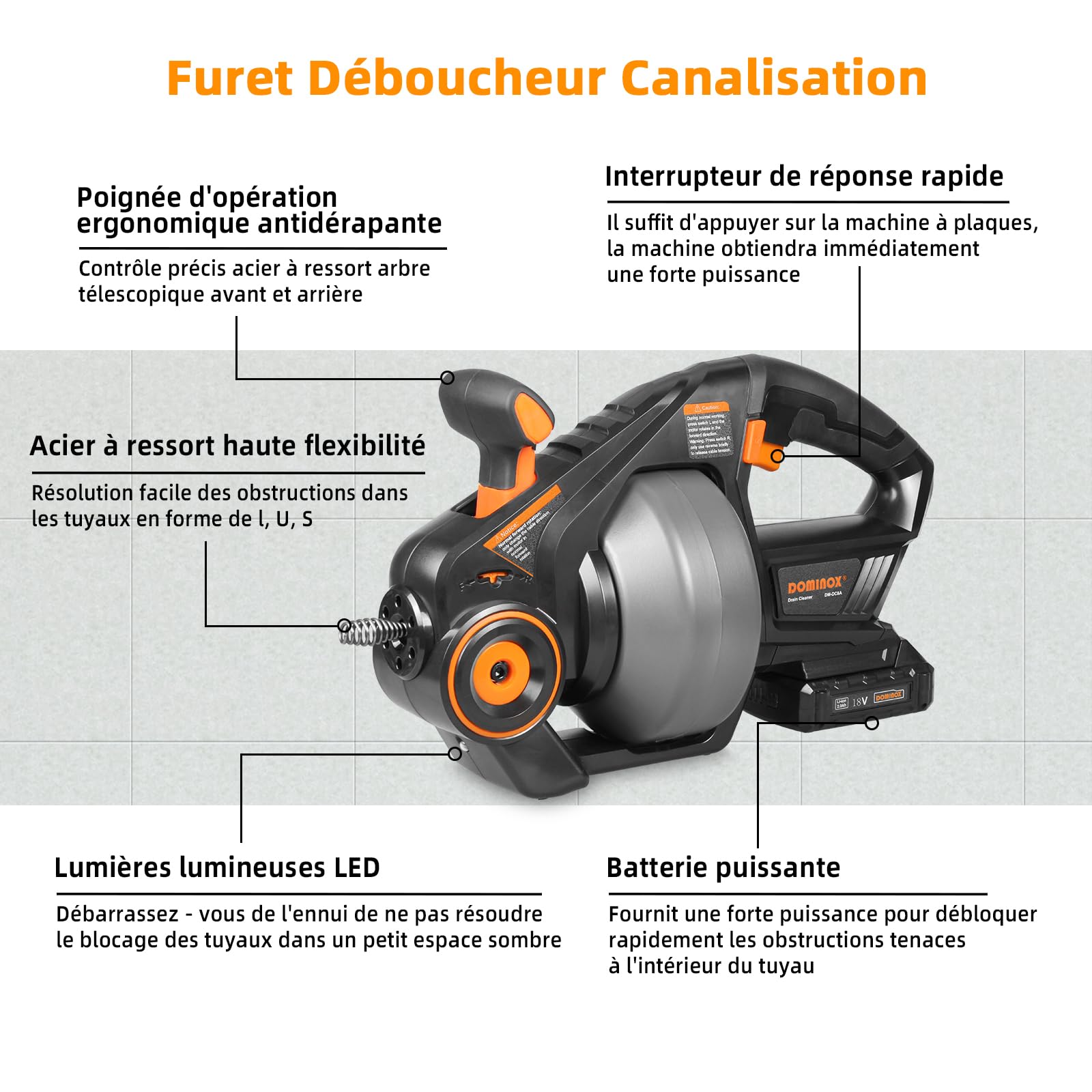 18V Furet Déboucheur Canalisation Avec 7,6m Acier à ressort Arbre Télescopique pour 19-51mm Tuyaux, Tarière de Vidange sans Fil pour Toilettes, Cuisine, Salle de Bains (Batterie Incluse)