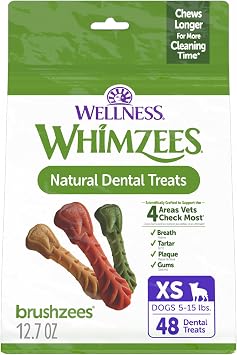 Whimzees Wellness Brushzees Natural Dog Dental Treat, VOHC Accepted Chews, Freshens Breath, Extra-Small Size, 12.7 oz Bag, 48 Count