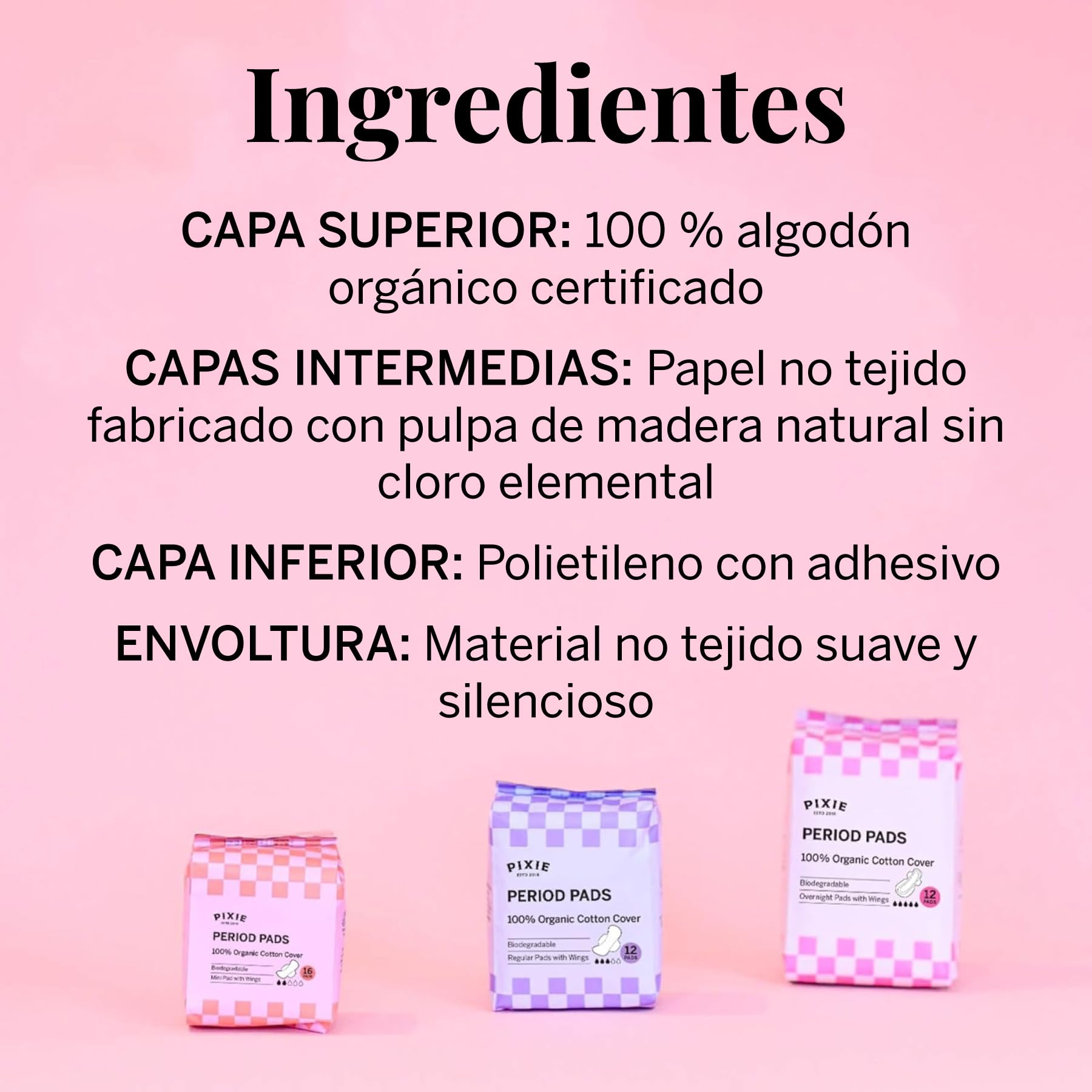 Pixie Compresas Nocturnas de Algodón Orgánico para Mujer – Extra Absorción con Alas – Antifugas, Hipoalergénicas y Sin Perfume – Compostables, Biodegradables – 36 Unidades