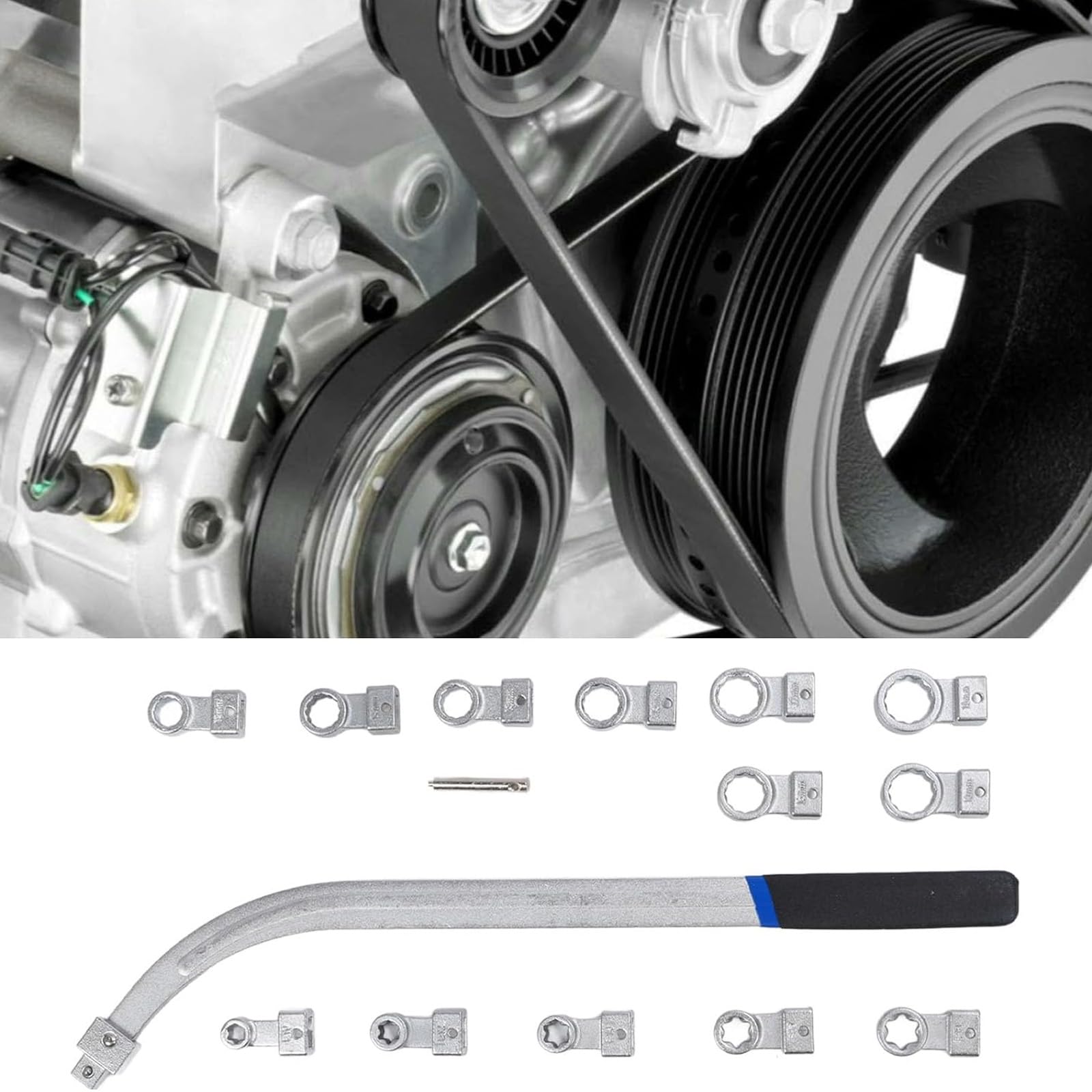 Kit de démontage de poulie de distribution professionnel avec adaptateurs à 12 points, outils antirouille et étui portable pour réparation automobile, ensemble de clés tendeurs de courroie de