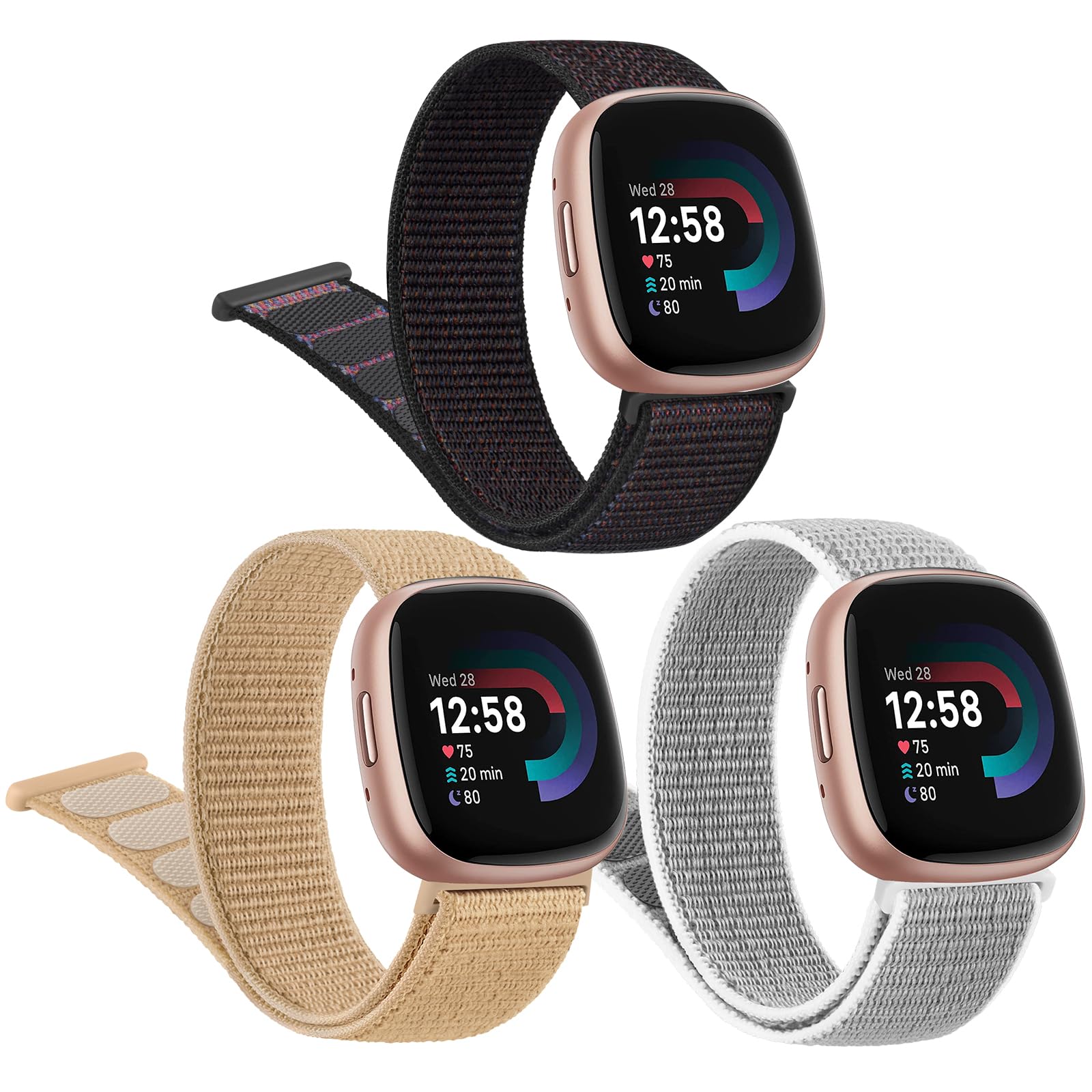 Meliya Strap For Fitbit Sense 2, Sense, Versa 4, Versa 3 for Women Men, 3Pack Adjustable Sport Nylon Loop Replacement Wristband Straps for Versa 4