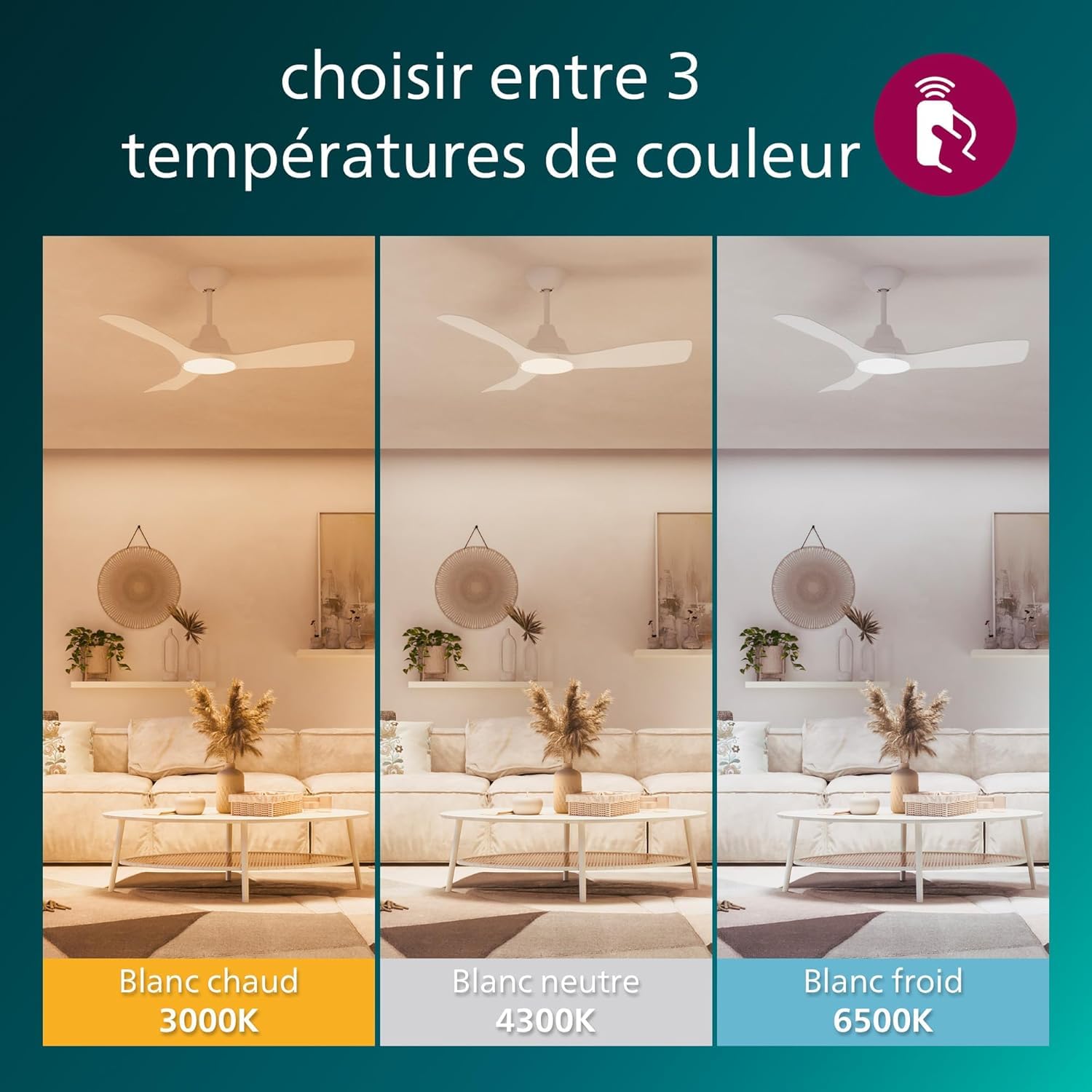 Philips Ventilateur à pales fixes 52" 3 pales LED 28W moteur DC gradation télécommande