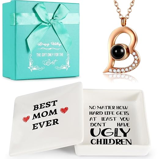 Breezy Valley Best Mom Ever Gifts, Funny Mom Christmas Gifts Jewelry Tray, I Love You Necklace Gift for Mom from Daughter Son, Mom Gifts Ring Dish Heart Necklace