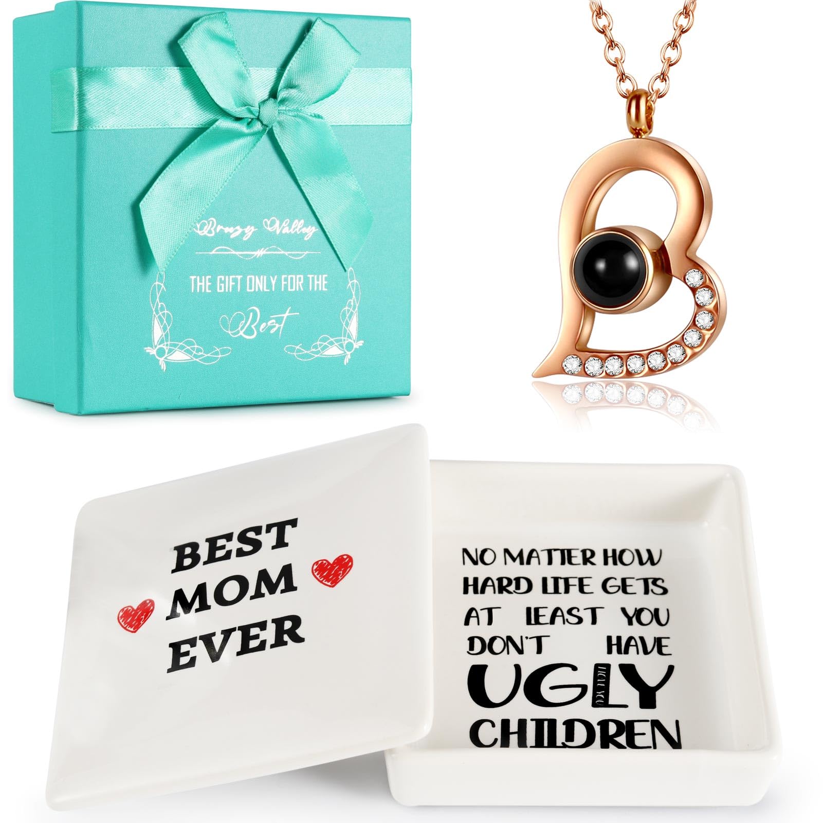 Breezy Valley Best Mom Gifts from Daughter Son - Mothers Day Birthday Christmas Valentine Gifts for Mom Jewelry Tray Ring Holder Trinket Dish with I Love You Heart Necklace
