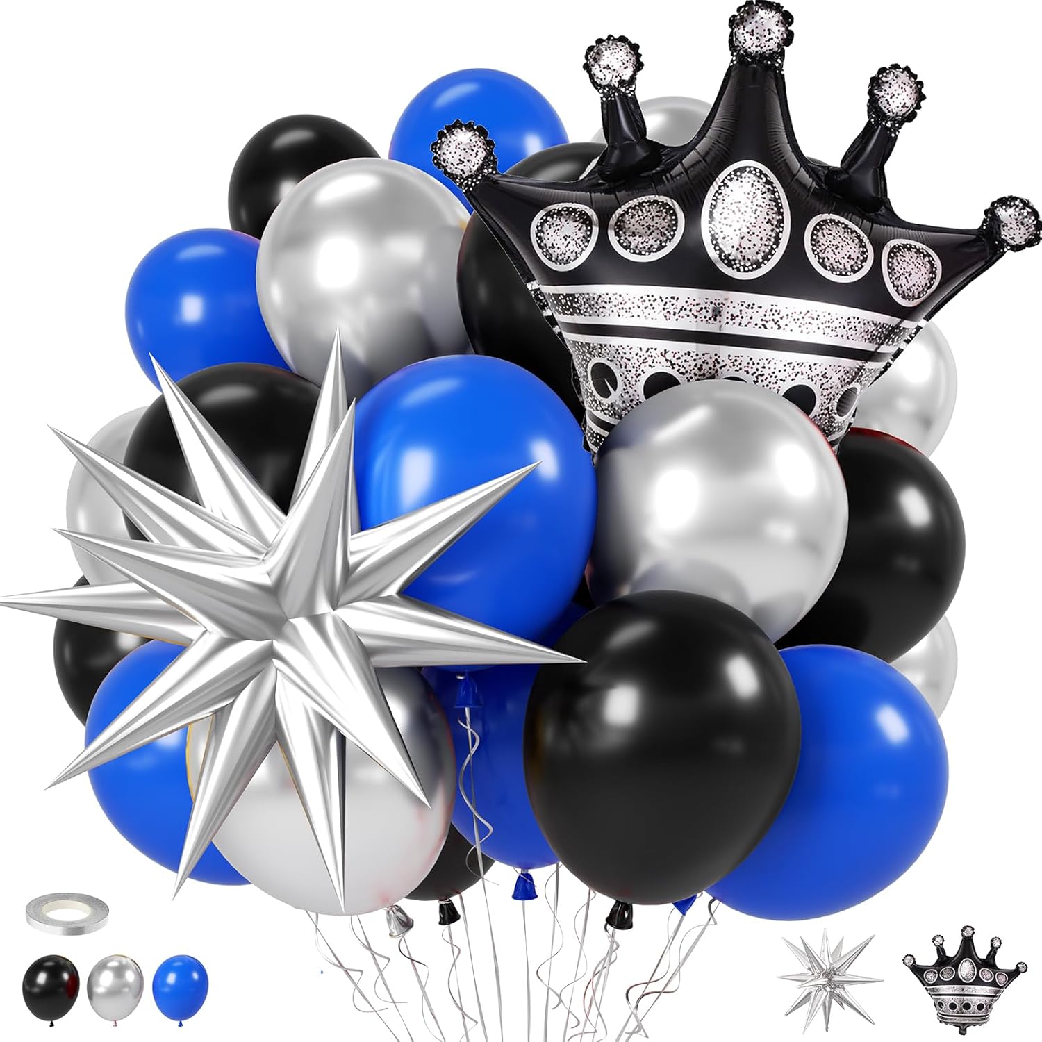 Black Blue Balloons, Dark Blue Silver Metallic Balloons with Black Crown and Silver Cone Spike Star Foil Balloon For Boys Men Birthday Decorations Baby Shower Bachelorette Party Decoration
